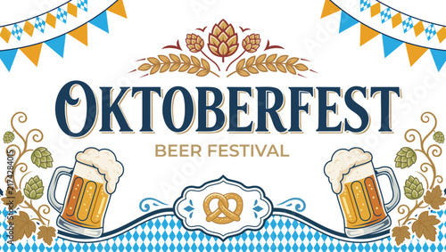 Oktoberfest beer festival banner with mugs, pretzel and hop decorations