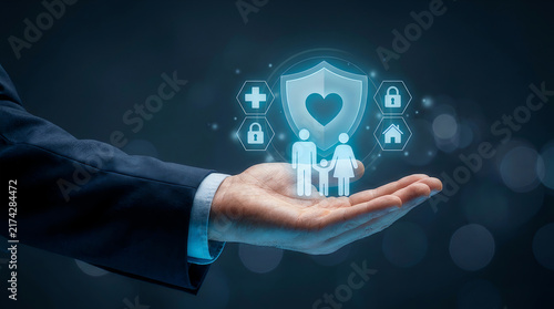 Hand holding holographic family protection shield symbol