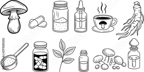 Medicinal mushrooms and adaptogen herbal supplement icons set with reishi ginseng powder tincture and coffee vector