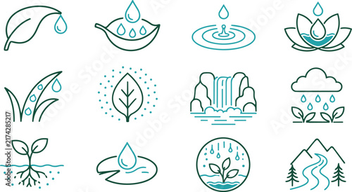 Set of environmental water and nature line art icons