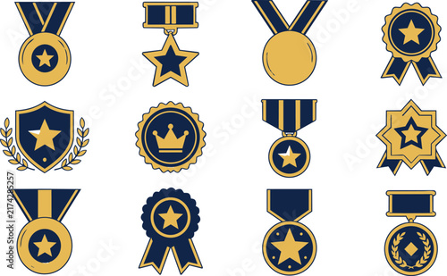 Set of flat vector gold and blue award medals