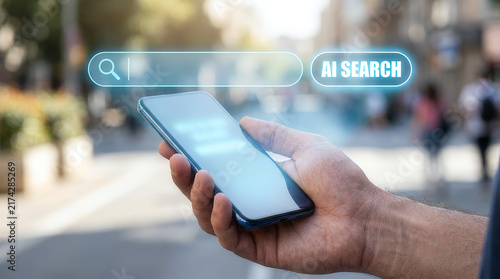 Hand holding smartphone with holographic AI search bar outdoors