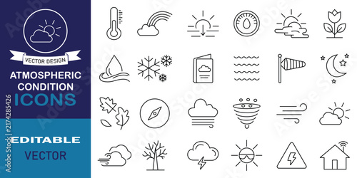 Weather outline icons set. Set of 24 icons related to sun, heat, meteorology, climate, lightning, thunderstorm, wind, moon, rainbow, cloud, rain, snowflake, forecast and more. Editable stroke.