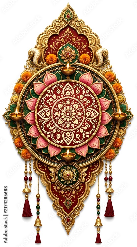 Fototapeta premium Sacred Lotus Mandala Medallion Diya Lamp Hanging Tassel Vertical Printable Greeting Card Invitation Poster Template