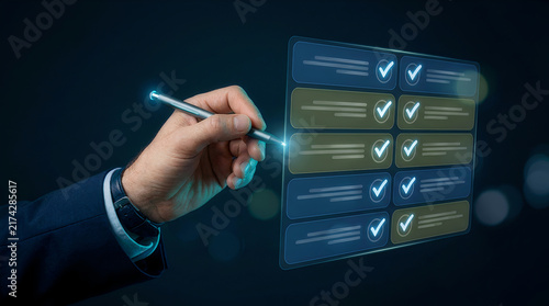 Hand with pen checking holographic task checklist icons