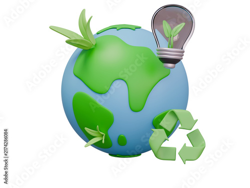 Ecology Globe with Recycling Symbol and Green Idea Bulb, 3D Render
