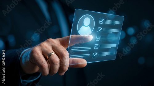 Hand touching holographic user profile checklist card