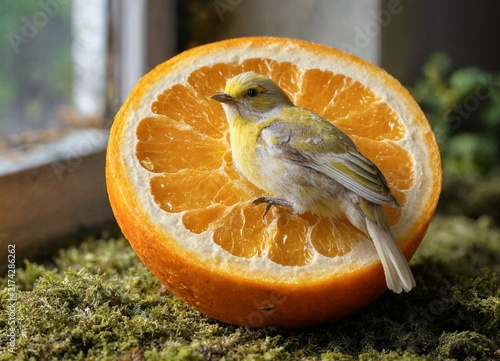 A small yellow bird perched inside a fresh cut orange half