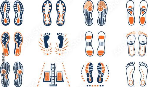 Set of diverse shoe sole and human footprint vector icons