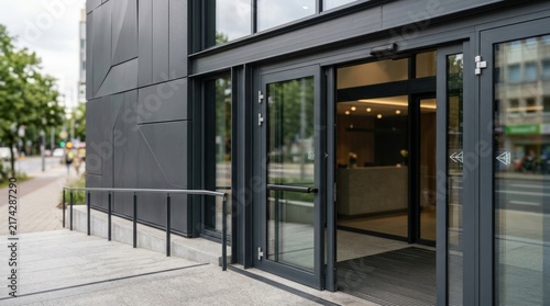 Modern office building entrance with glass automatic doors and dark metal facade.