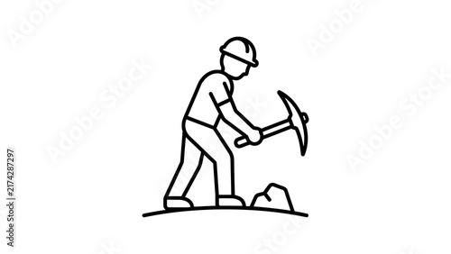 Coal miner line icon showing worker digging with a pickaxe tool.
