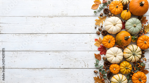 Assorted pumpkins and gourds displayed on rustic wooden shelf