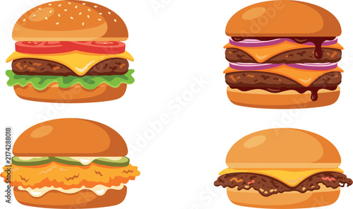 Fast Food Burger and Cheeseburger Vector Icon Set Featuring Double Beef Patty, Crispy Fried Chicken Sandwiches, and Melted Cheese Elements for Restaurant Cafe Menu Designs
