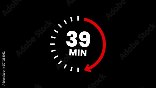 Countdown timer icons for 39 minutes in circular arrow animation. circle arrow refresh icon with 39 min timer icon animation. Timer 39 minutes countdown clock with circular arrow. 4k video