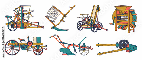 Vintage agricultural tools vector set featuring historical farm machinery equipment, retro plow, harvester, scythe, winnower, and wooden cart illustrations isolated on white background.