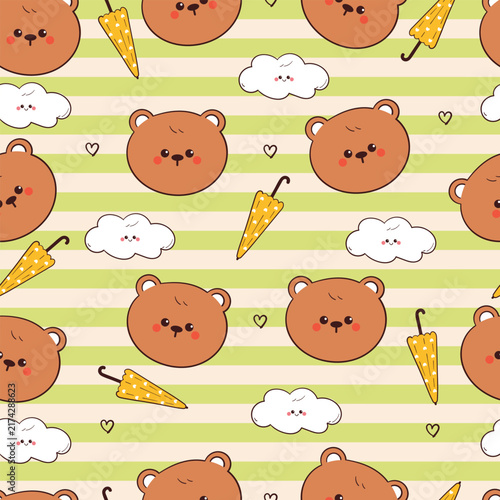 cute seamless pattern hand drawn cartoon bear with umbrella and cloud in green stripe background