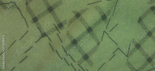 Vintage Olive Green Fabric Texture with Dark Plaid Grid Pattern and Geometric Hatching Design