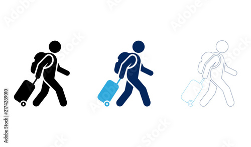 Backpacker tourist character walking with rolling suitcase vector icon set in blue and black.