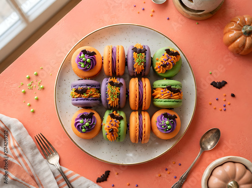 Halloween macarons with ghost, bat, and pumpkin toppings on a festive plate with cutlery