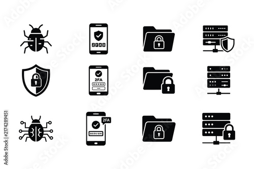 Collection of cybersecurity glyph icons including bug, phone with two-factor authentication,  locked folder, and secure server. Editable stroke.