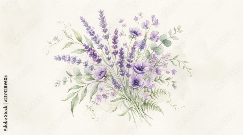 Fototapeta premium A watercolor illustration depicts a vibrant bouquet of lavender and other purple flowers, accented with green foliage and ferns.