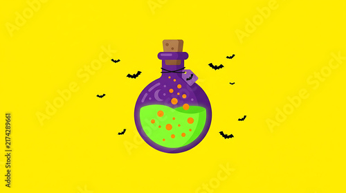 Halloween magic potion bottle with bubbles and bats on yellow background