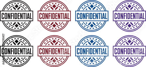 Circular confidential stamps featuring geometric diamond patterns in solid and textured grunge styles