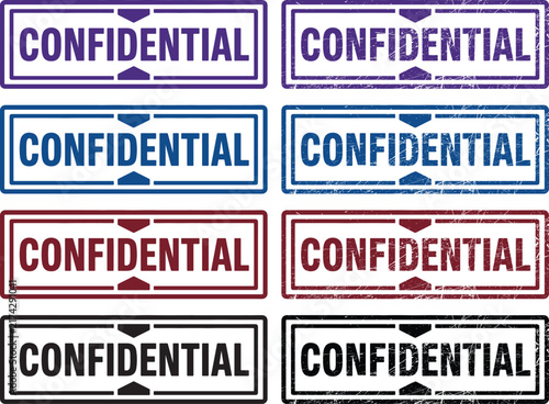 Set of rectangular confidential stamp icons featuring multiple colors and distressed grunge textures for documents