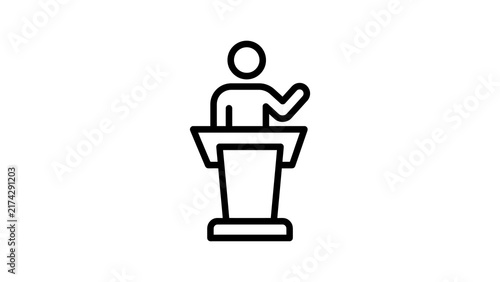 Speaker standing at podium giving presentation vector outline illustration.