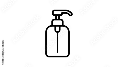 Soap pump bottle with thin black line art on transparent background icon.