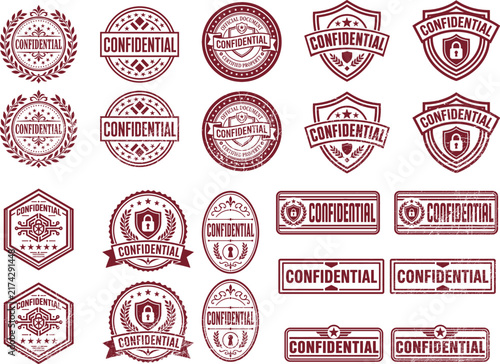 Decorative confidential label set with circular shield and badge emblems featuring professional design elements