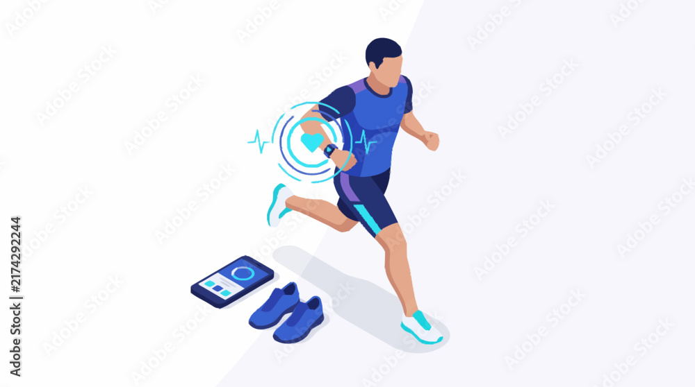 Fototapeta premium Athlete running with smartwatch and phone in isometric style.