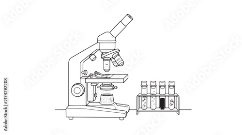 Scientific microscope and test tubes line art, laboratory equipment vector illustration, medical research tools icon set