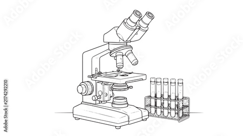 Scientific microscope line art vector, laboratory research equipment with test tubes, biology and chemistry study tools