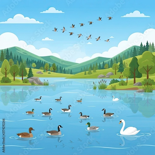 Ducks and swan swimming in a mountain lake