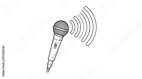 Minimalist microphone vector illustration, handheld dynamic mic with sound waves, podcast and recording studio icon