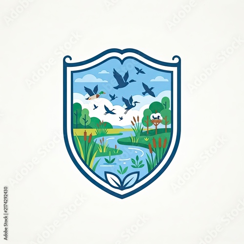 Ducks flying over a marsh landscape shield emblem
