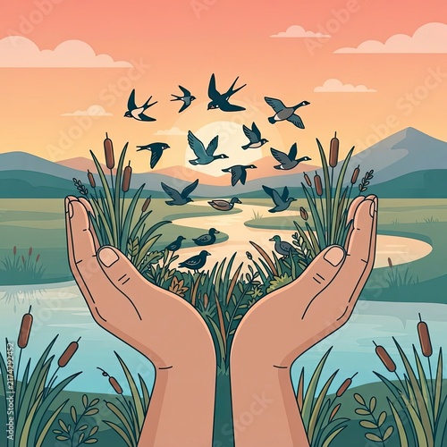 Hands holding nature landscape with birds and river