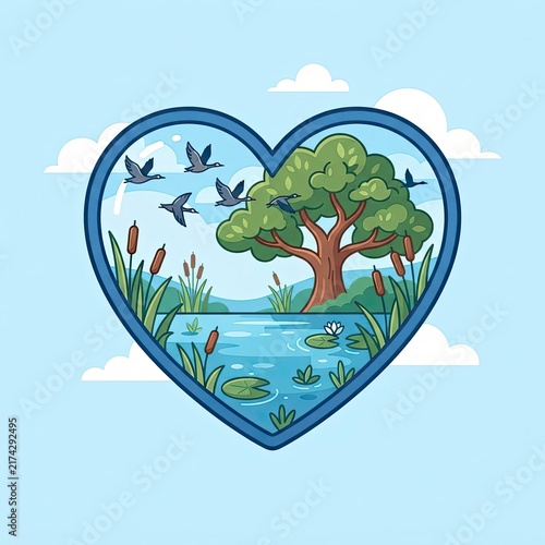 Heart shaped nature landscape with pond and birds