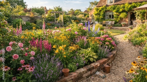 A vibrant garden scene showcases a charming cottage nestled amidst a profusion of colorful flowers.