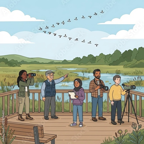 Diverse group of people birdwatching in nature