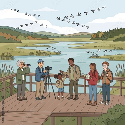 Diverse group of people birdwatching at a nature reserve
