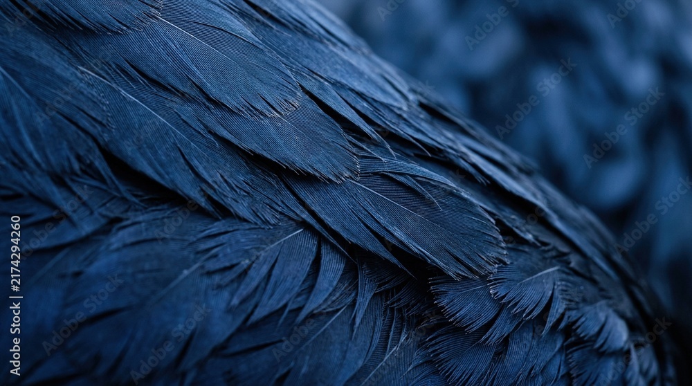 Obraz premium Abstract macro close up view of dark blue bird feathers texture detail layers elegant plumage patterns natural organic organic surface aesthetic visual design.