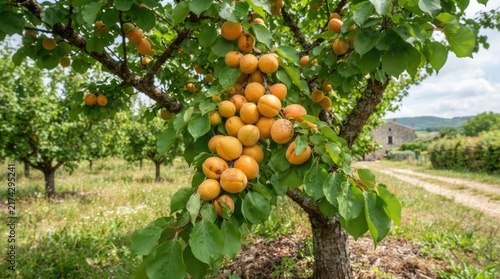 An apricot tree is laden with ripe, orange apricots.