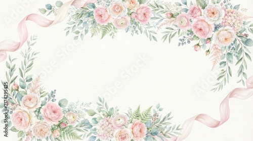 An elegant watercolor floral arrangement frames a blank white space.