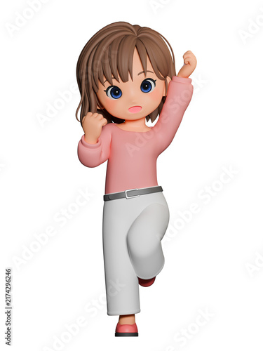 Tapety artystyczne 3D CG｜茶髪のセミロングヘアの若い女性が笑顔で拳を上げて片足で立つポーズ