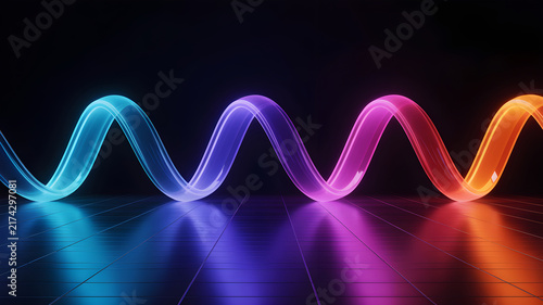 Abstract Neon Glowing Wave Form on Dark Reflective Floor Surface