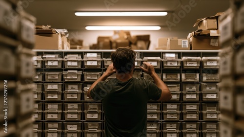Male worker organizing products on shelves in storage room or warehouse