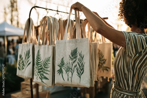 Woman Shopping for Eco-Friendly Botanical Print Tote Bags at Outdoor Market