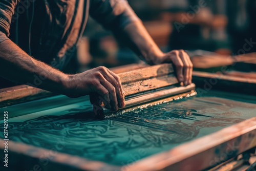 Skilled artisan working with traditional printing or dyeing technique on fabric in workshop